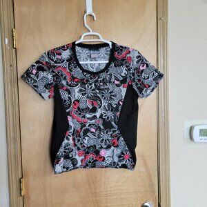 Cherokee Scrub Top M  Black White Red Floral